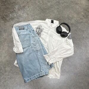 MMA Elite Mens XL White Graphic Button Down Shirt Y2K Skater Grunge Fleur-De-Lis